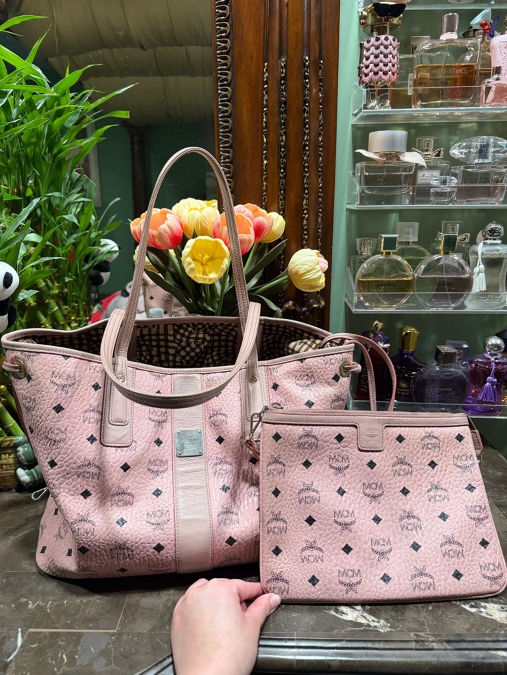 MCM Pink Visetos Tote with Matching Pouch